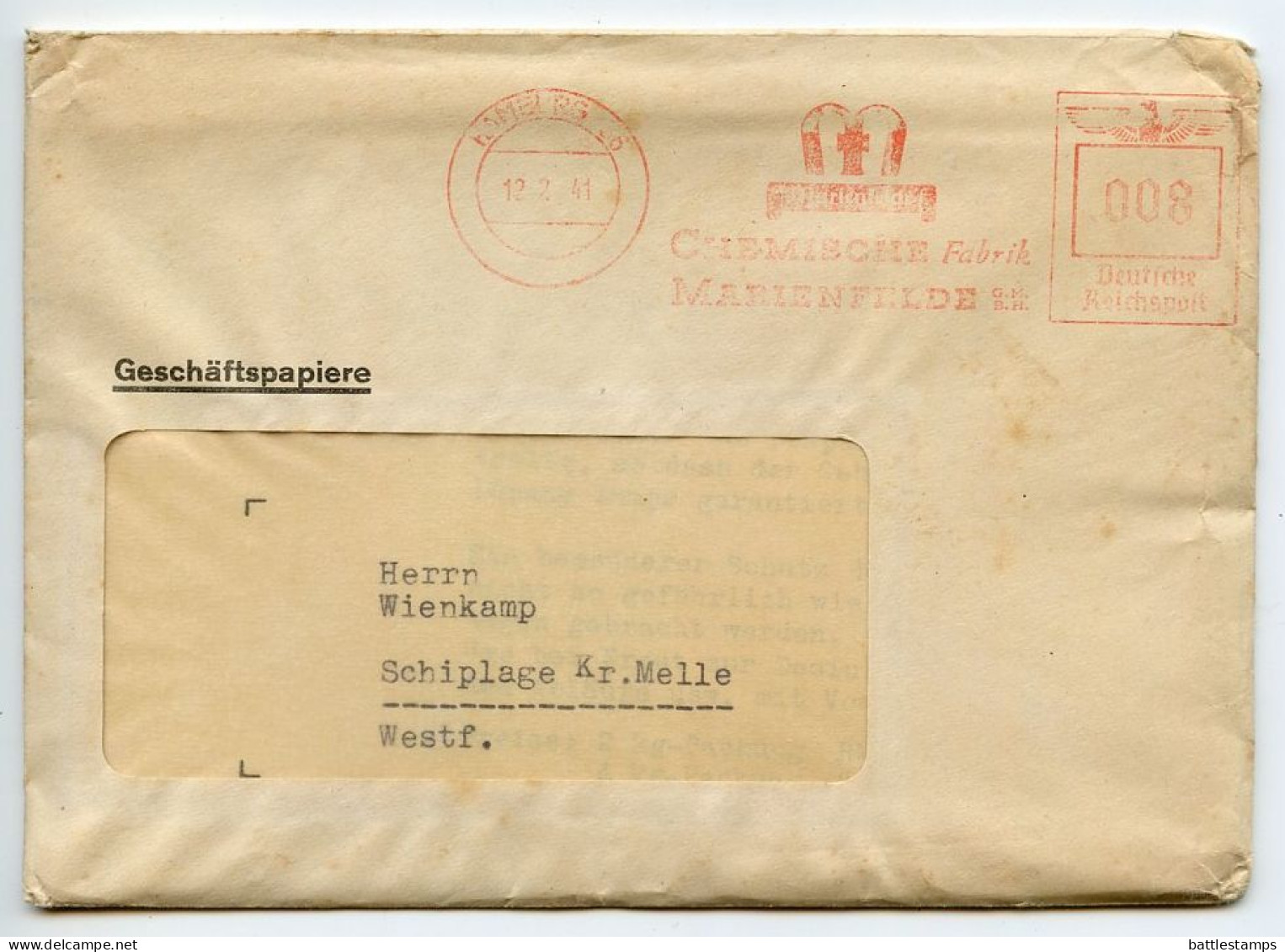 Germany 1941 Cover W/ Letter & Ad Pamphlet (Pest Control); Hamburg - Chemische Fabrik Marienfelde; 8pf. Meter W/ Slogan - Frankeermachines (EMA)
