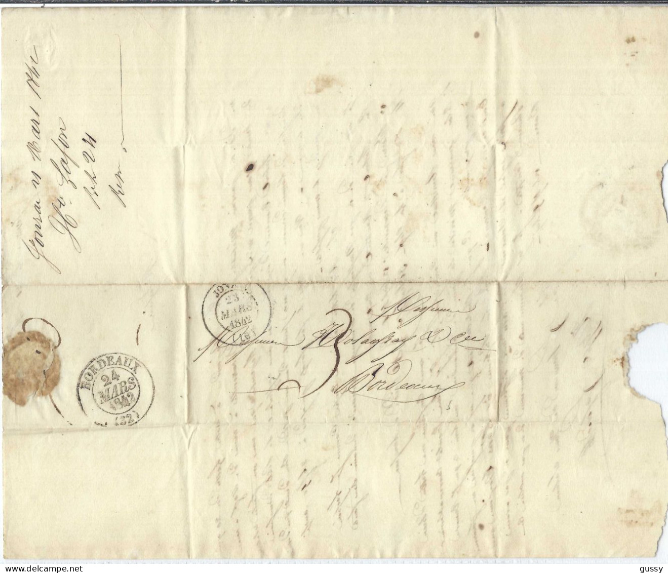 FRANCE Préphilatélie 1842: LAC De Jonzac (Char. Mar.) Pour Bordeaux (Gironde), Taxée 3 Décimes - 1801-1848: Precursori XIX