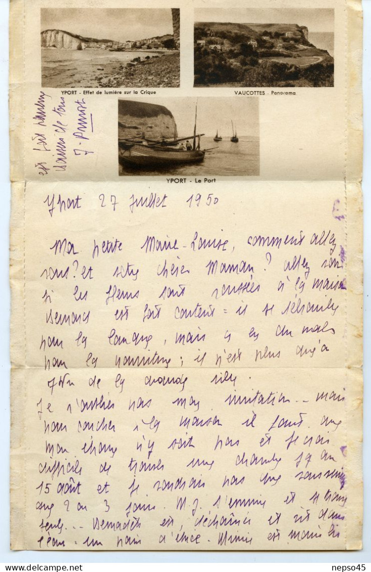 Lettre-Enveloppe écrite de 1950.Yport seine maritime ( 76) la Crique.Vaucottes panorama.Fécamp.les falaises.