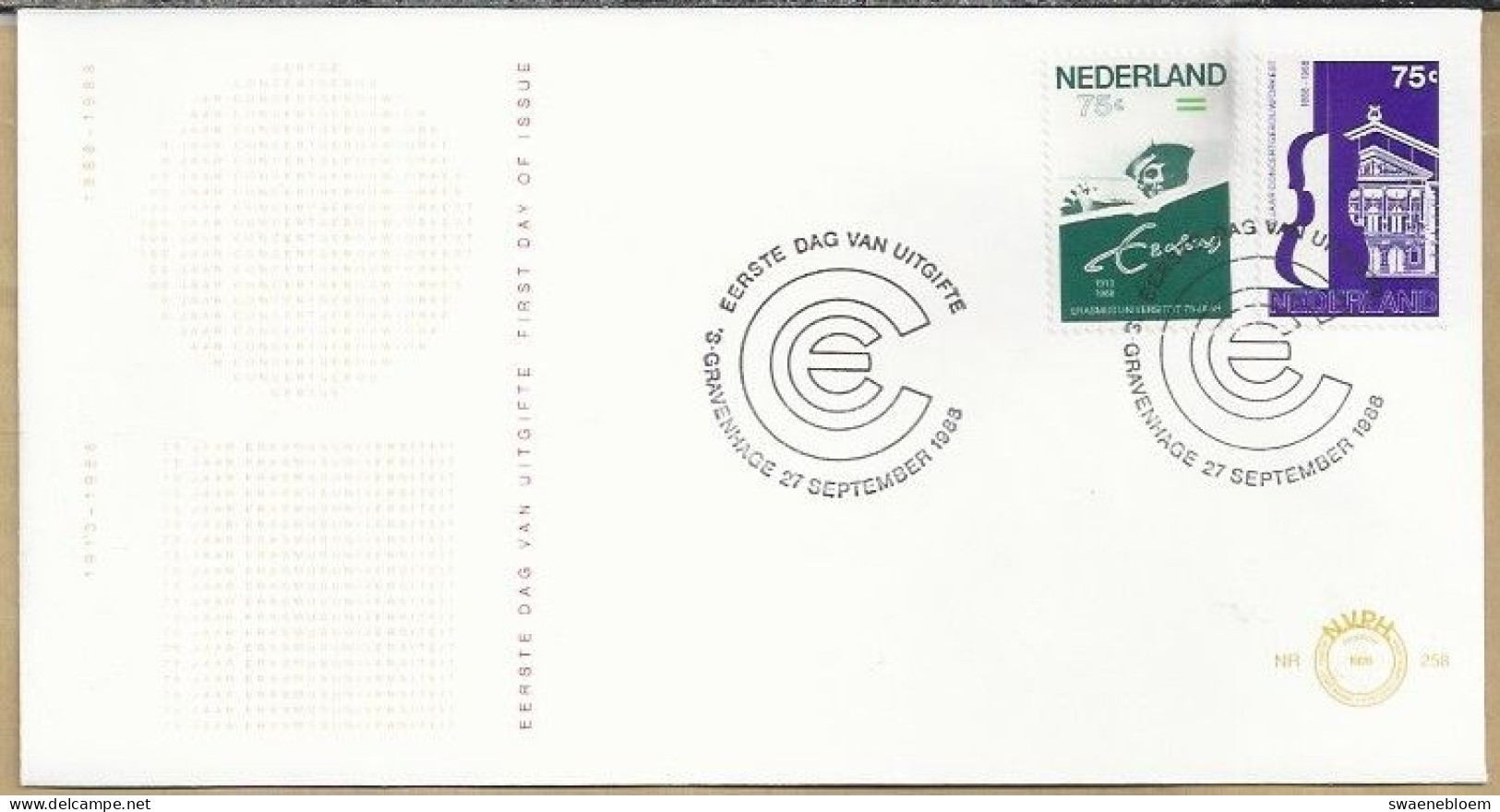 NL.- FDC. NVPH Nr. 258. EERSTE DAG VAN UITGIFTE. FIRST DAY OF ISSUE. 27-09-1988. ERASMUS UNIVERSITEIT 75 JAAR. CONCERT - FDC