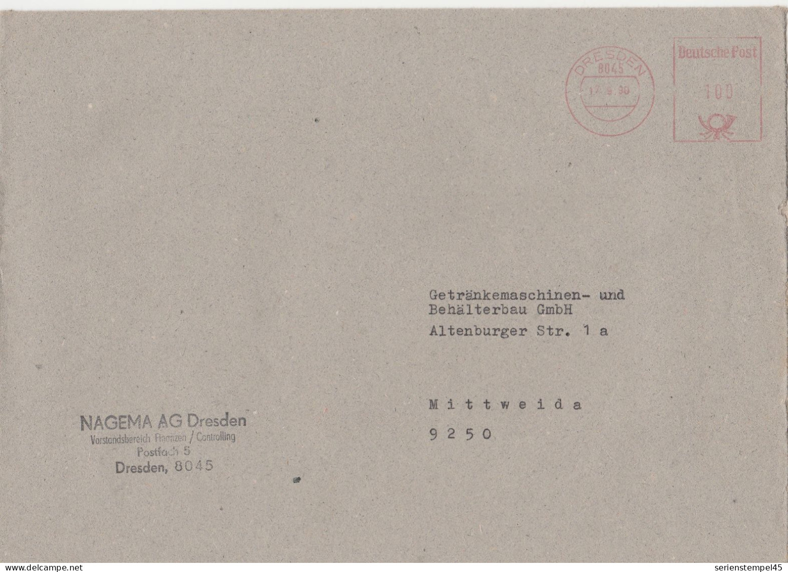 Deutsche Bundespost Brief Mit Freistempel VGO PLZ Oben Dresden 1990 Nagema AG Ohne Kennung Deutsche Post - Frankeermachines (EMA)