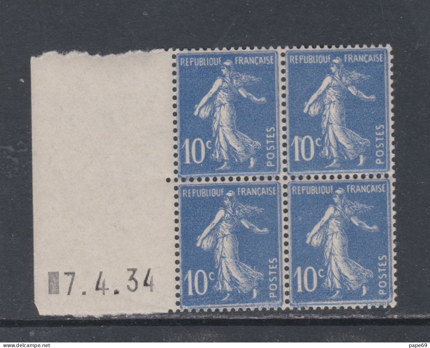 France N° 279 XX Type Semeuse : 10 C. Outremer En Bloc De 4 Coin Daté à Gauche Du 7 . 4. 34 ;   Sans Charnière, TB - 1930-1939