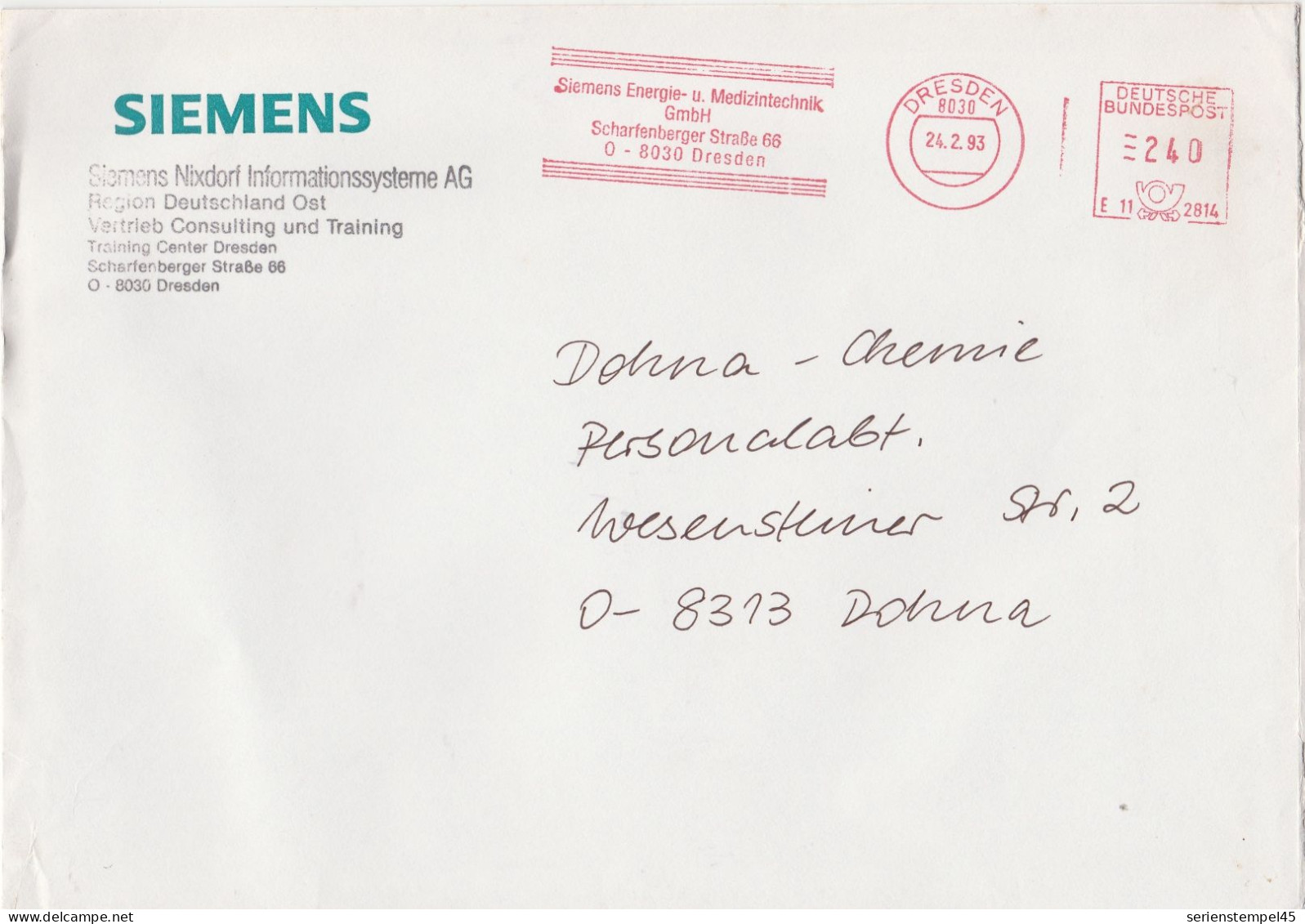 Deutsche Bundespost Brief Mit Freistempel VGO PLZ Oben Dresden 1993 Siemens Energie E11 2814 - Maschinenstempel (EMA)