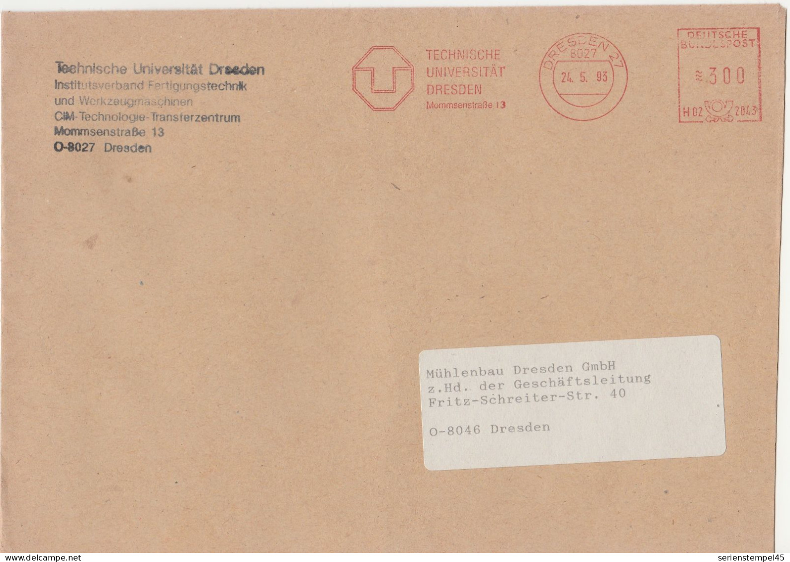 Deutsche Bundespost Brief Mit Freistempel VGO PLZ Oben Dresden 1993 Technische Universität H02 2043 - Máquinas Franqueo (EMA)