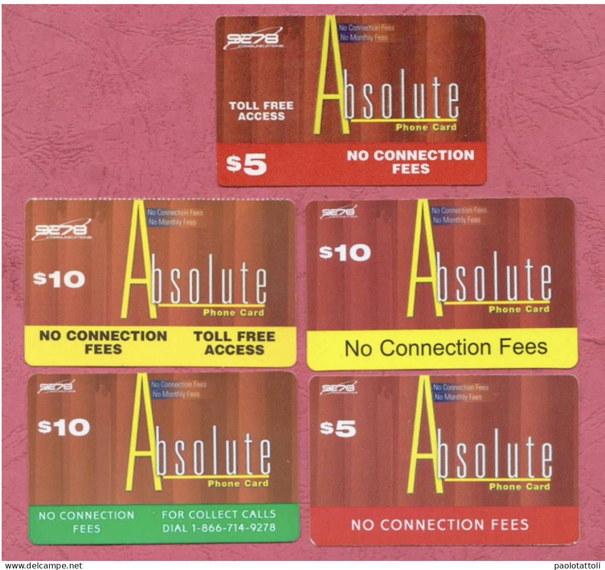 USA- S278- Absolute Phone Cards- International Prepaid Phone Cards Used By 5 & 10 Dollars- Lot Of Five Cards- - Autres & Non Classés