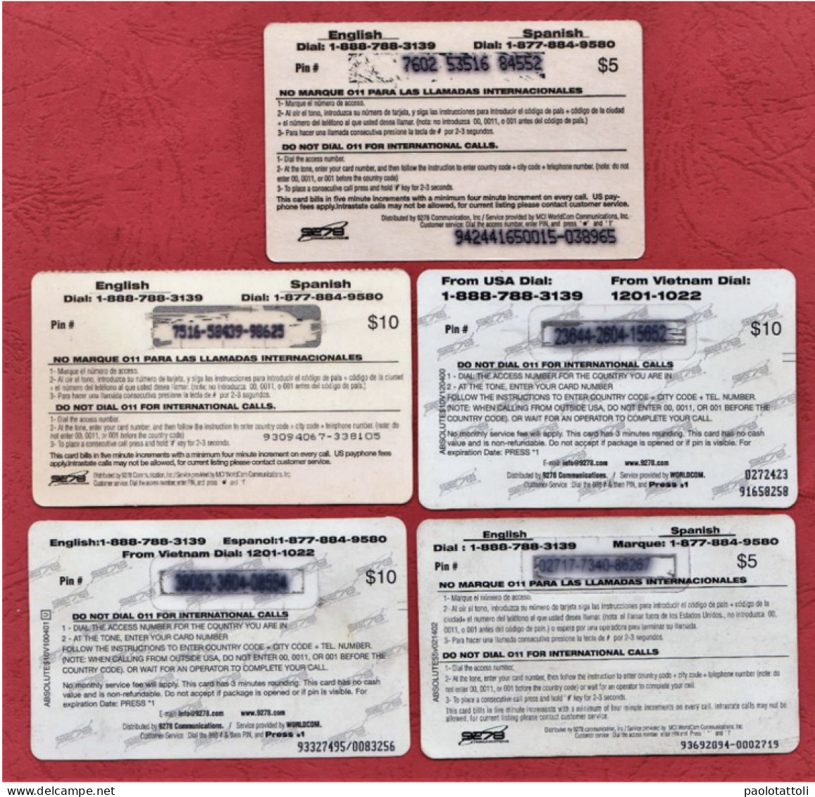 USA- S278- Absolute Phone Cards- International Prepaid Phone Cards Used By 5 & 10 Dollars- Lot Of Five Cards- - Altri & Non Classificati