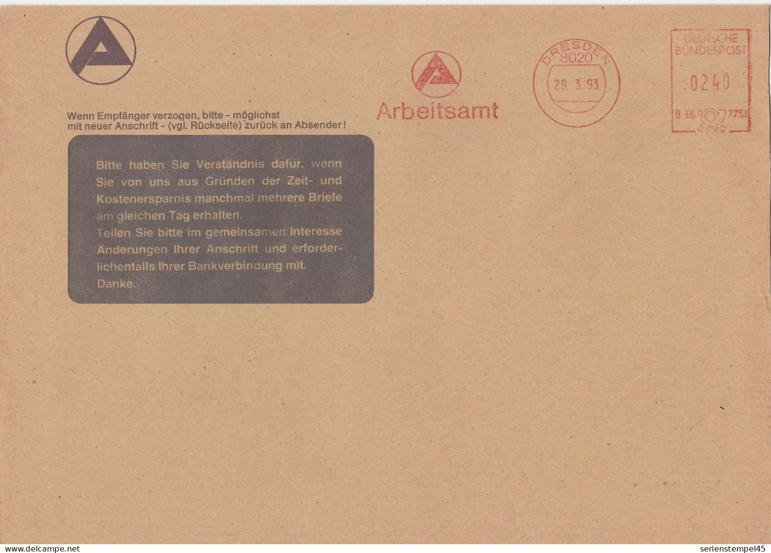 Deutsche Bundespost Brief Mit Freistempel VGO PLZ Oben Dresden 1993 Arbeitsamt B66 7759 - Maschinenstempel (EMA)