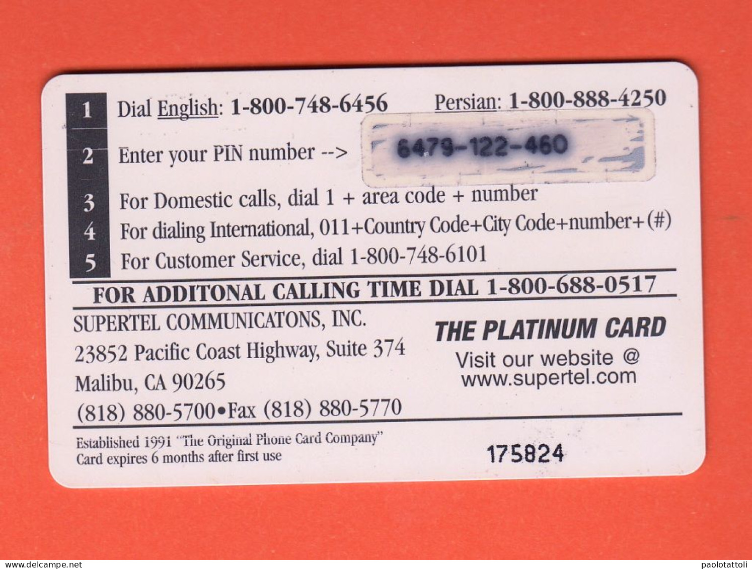 USA- Used Pre Paid Phone Card. Platinum Card BY 10USD, Supertel. - Otros & Sin Clasificación