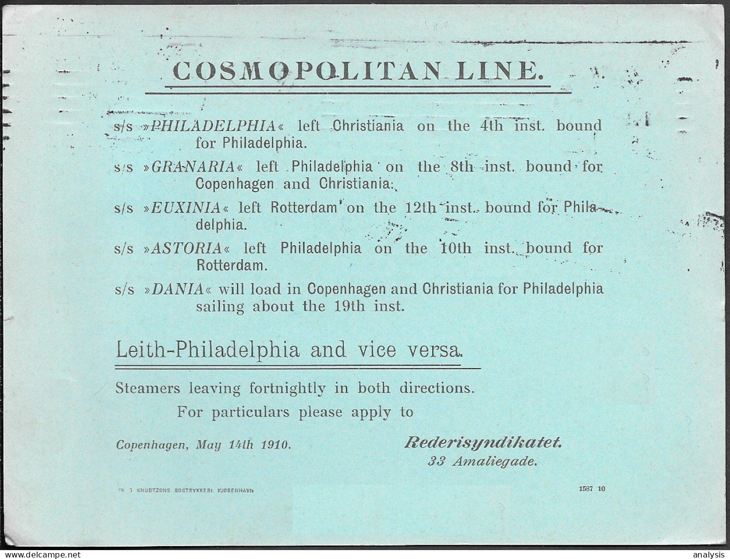 Denmark Cosmopolitan Shipping Line Postcard Mailed To Aalesund Norway 1910 - Cartas & Documentos