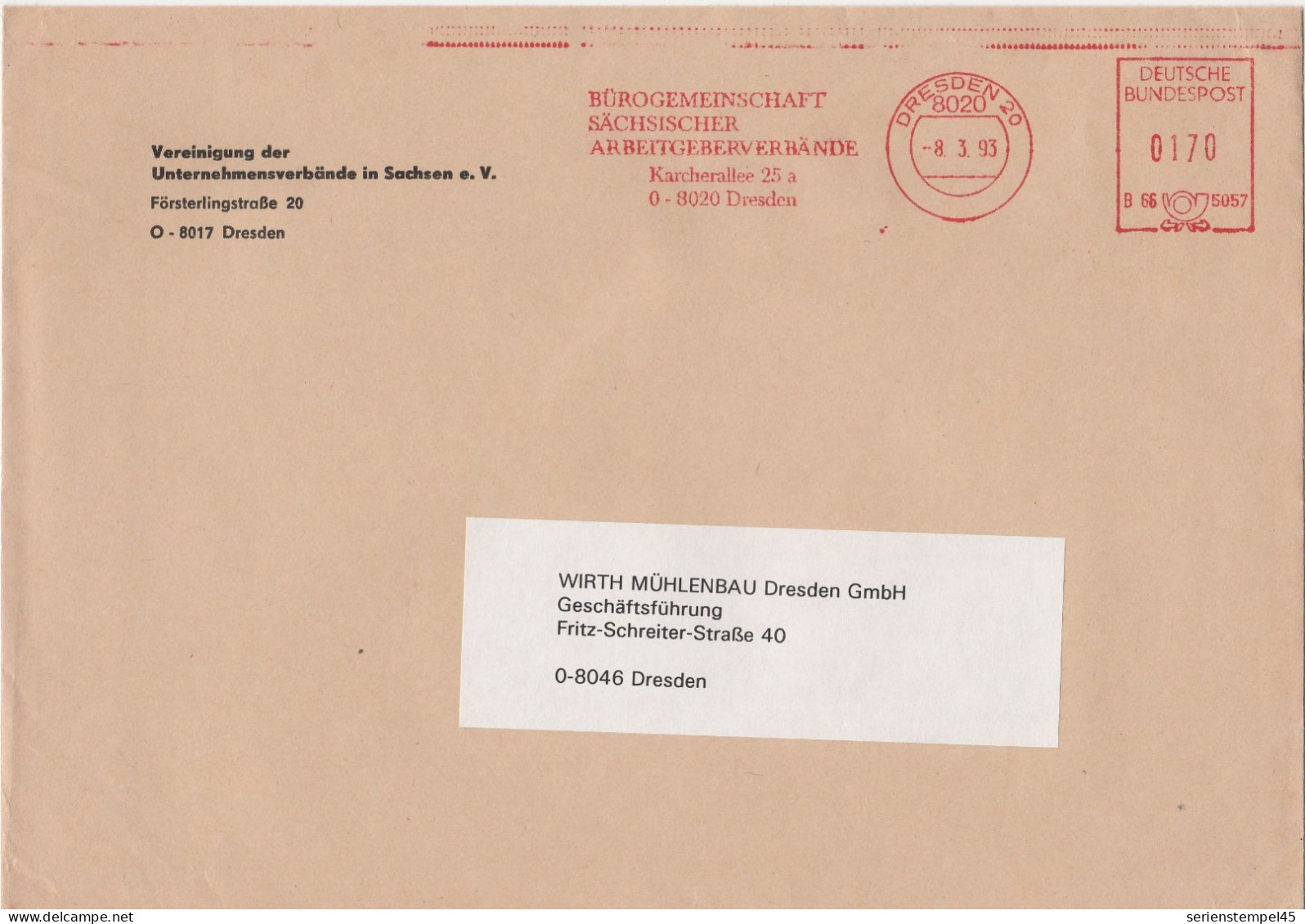 Deutsche Bundespost Brief Mit Freistempel VGO PLZ Oben Dresden 1993 Bürogemeinschaft Sächsischer Arbeitsgeberverbände - Machines à Affranchir (EMA)