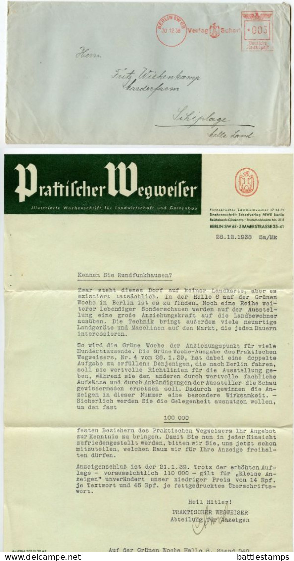 Germany 1938 Cover & Letter; Berlin - Praktischer Wegweiser; 3pf. Meter W/ Slogan - Machines à Affranchir (EMA)