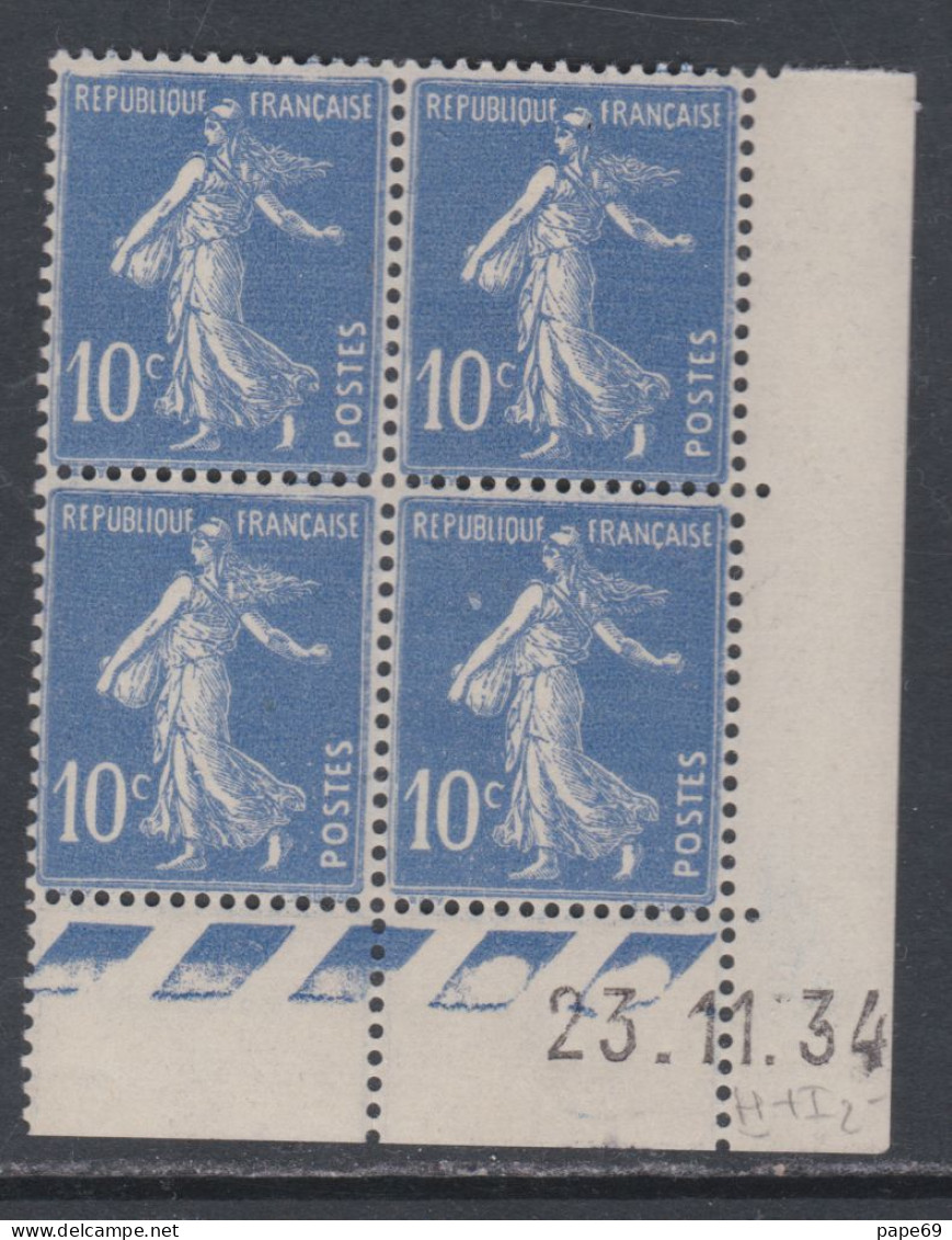 France N° 279 XX Type Semeuse : 10 C. Outremer En Bloc De 4 Coin Daté Du 23 . 11 . 34 ; 2 Pts Blancs, Sans Charnière, TB - 1930-1939