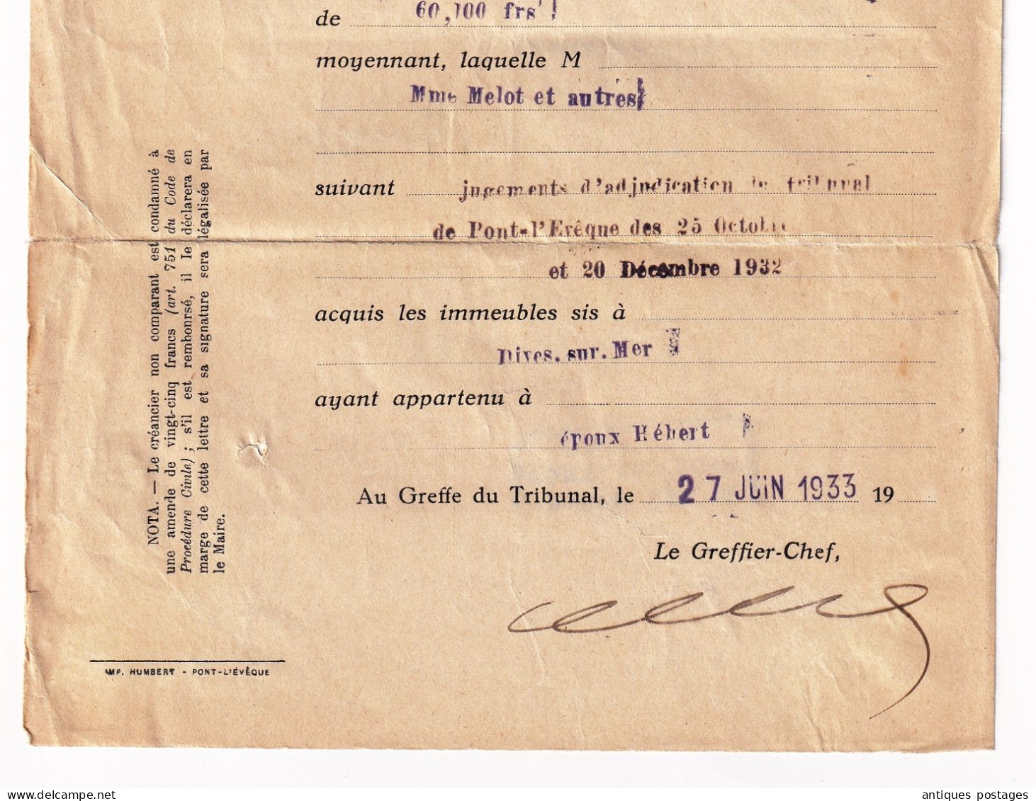 Lettre Recommandée 1933 Pont l'Evêque Calvados Type Paix 1F75 Greffe Tribunal Civil Houlgate Fulconis Auguste