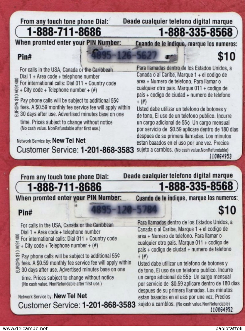 USA- Europa- International Prepaid Phone Cards- Used By 10 Dollars- Lot Of Two Cards - Other & Unclassified