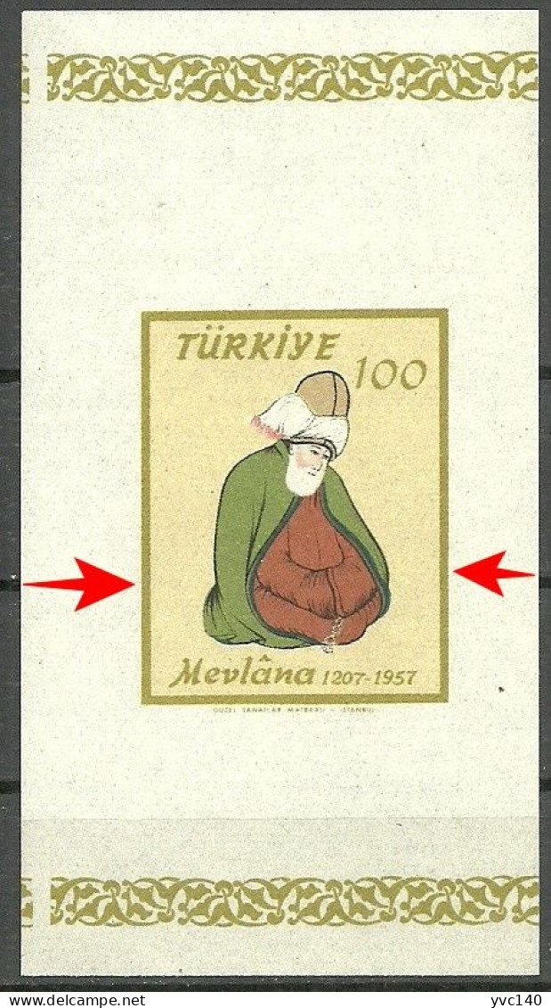 Turkey; 1957 750th Anniv. Of The Birth Of Mevlana, "Miscut ERROR" - Ungebraucht