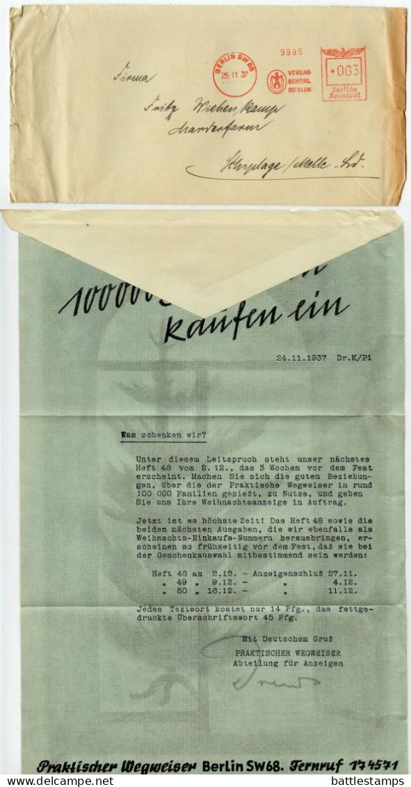 Germany 1937 Cover & Letter; Berlin - Praktischer Wegweiser; 3pf. Meter W/ Slogan - Máquinas Franqueo (EMA)