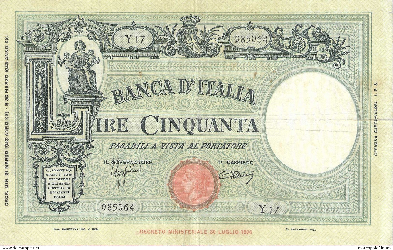 1943 - ITALIA - LIRE 50 - TIPO BARBETTI - 31 MARZO 1943 - CIRCOLATA - NON COMUNE - - 500 Liras