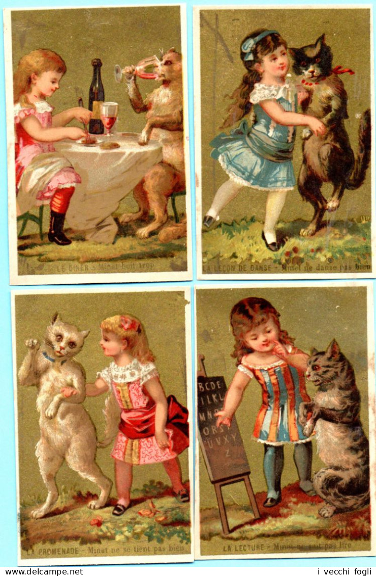 Lot De 4 Chromos Maison De Conf. Mouillas Fils. Filles Avec Leurs Chats. Fond Doré. Imp. Aubry - Autres & Non Classés