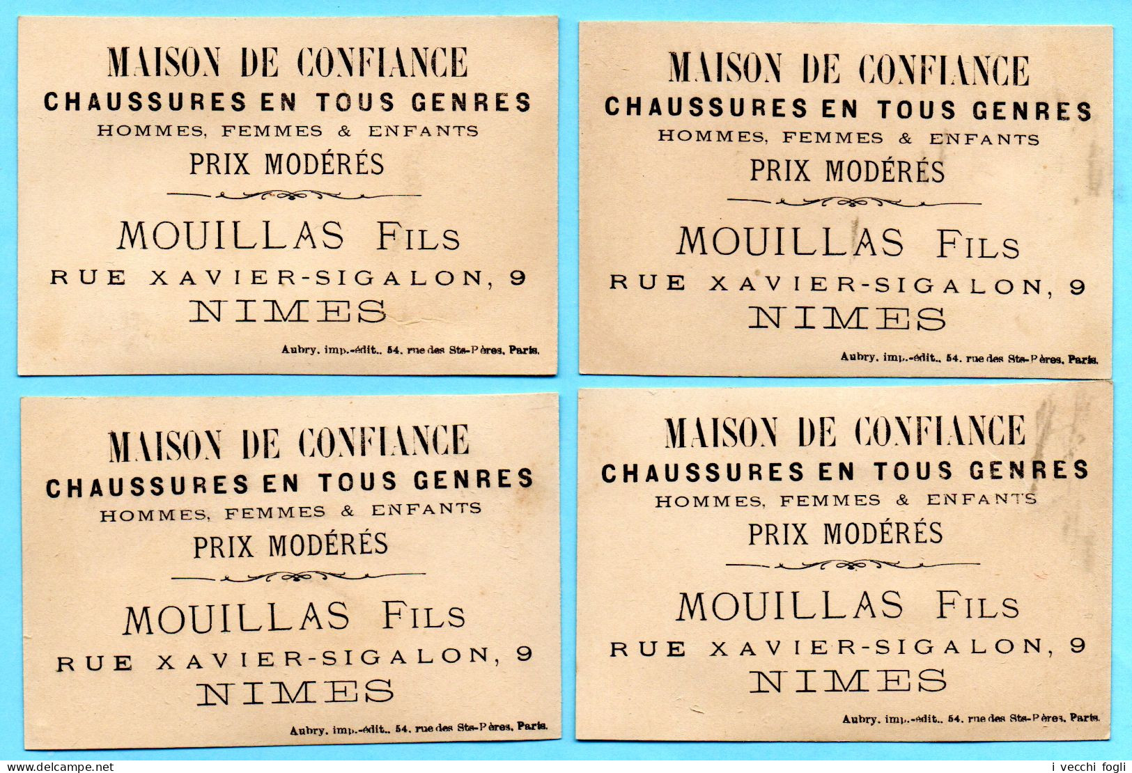 Lot De 4 Chromos Maison De Conf. Mouillas Fils. Filles Avec Leurs Chats. Fond Doré. Imp. Aubry - Andere & Zonder Classificatie