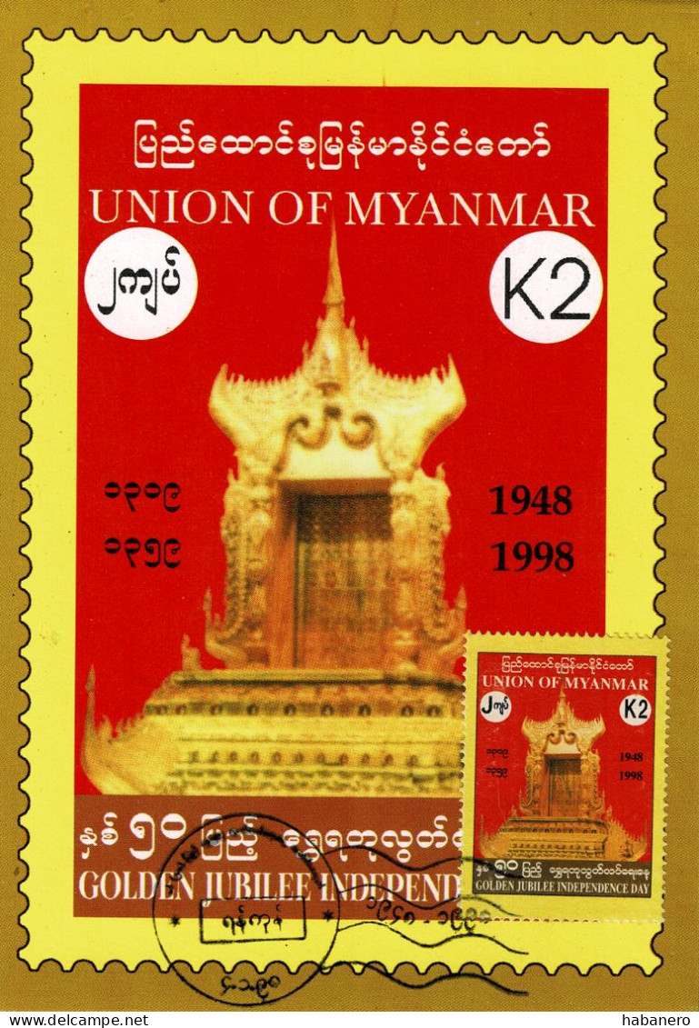 MYANMAR 1998 Mi 340 50th ANNIVERSARY OF INDEPENDENCE MAXIMUM CARD - Myanmar (Birmanie 1948-...)