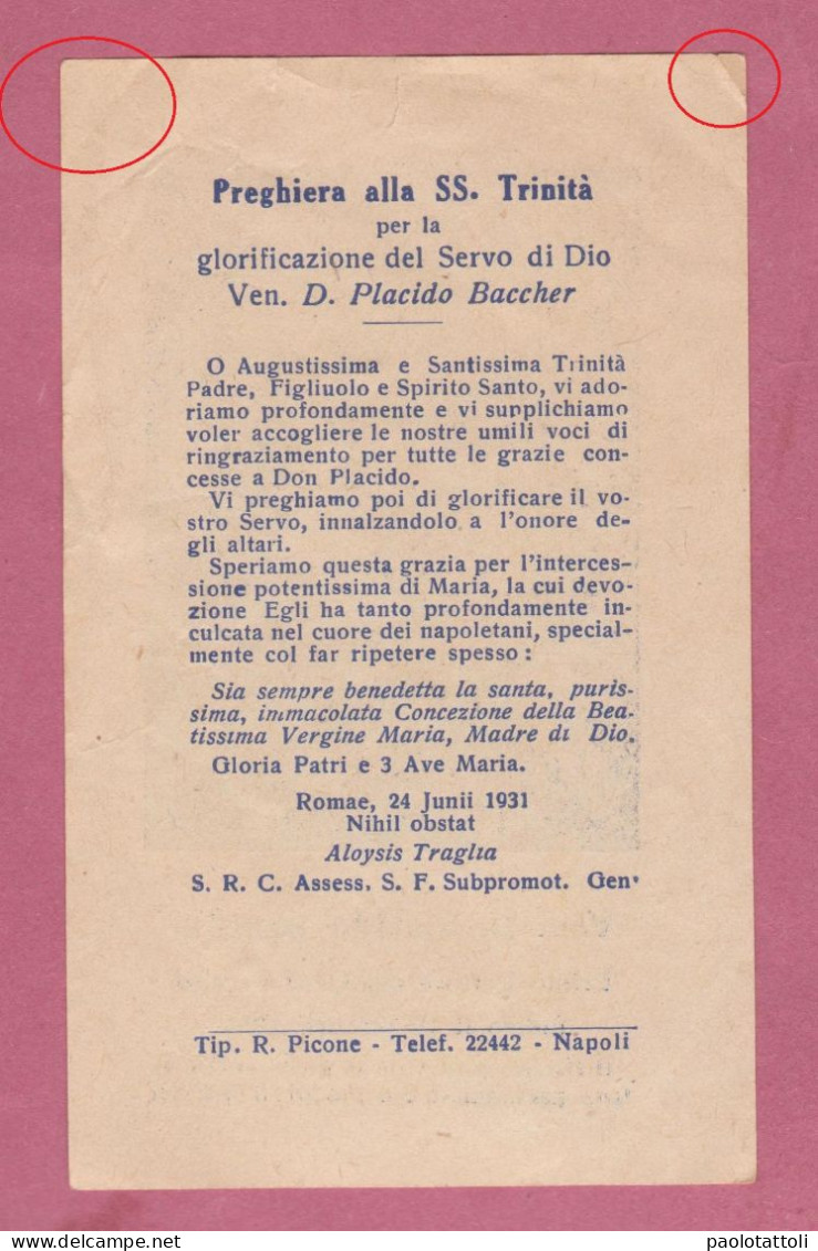Santino, Holy Card- Placido Baccher. Primo Rettore Dl Gesù Vecchio Morto Il 19.0ttobre. 1851- Ed. Picone, Napoli - Devotion Images