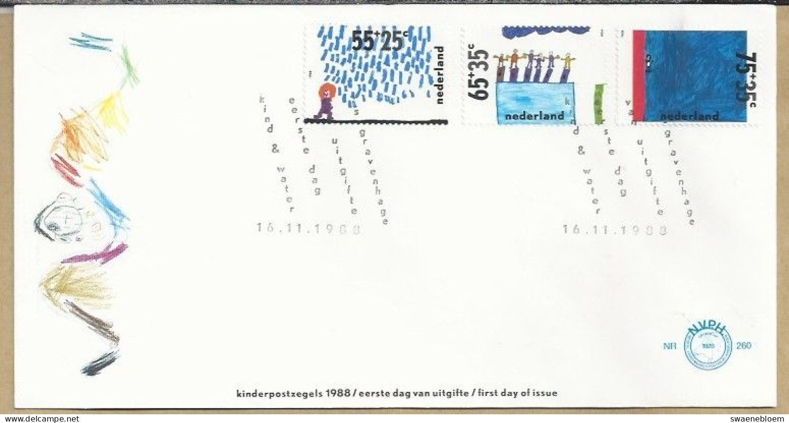 NL.- FDC. NVPH Nr. 260. EERSTE DAG VAN UITGIFTE. FIRST DAY OF ISSUE. 16-11-1988. KINDERPOSTZEGELS. KIND & WATER. - FDC