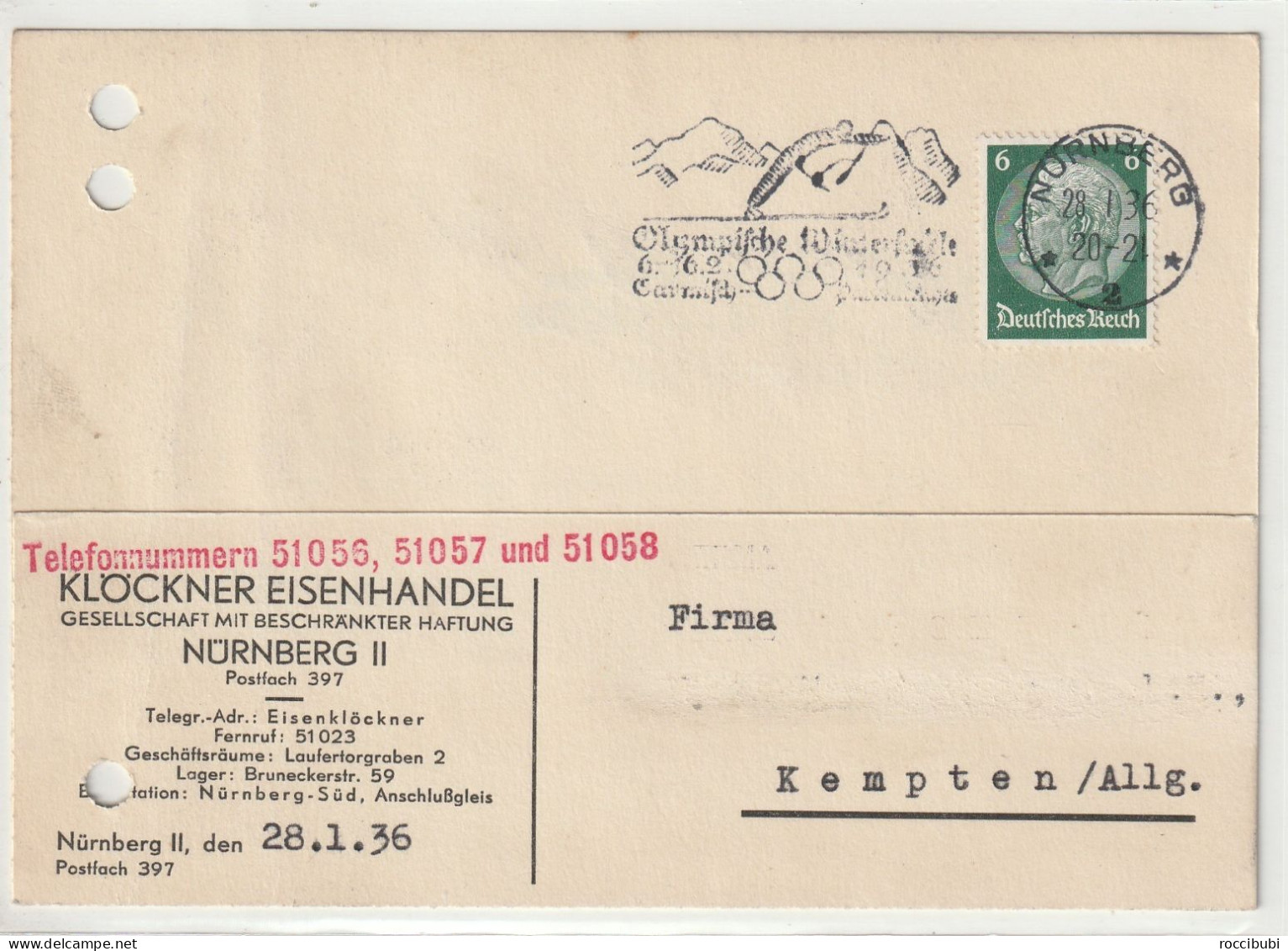 Deutsches Reich, Nürnberg Nach Kempten 1936 - Private Postwaardestukken