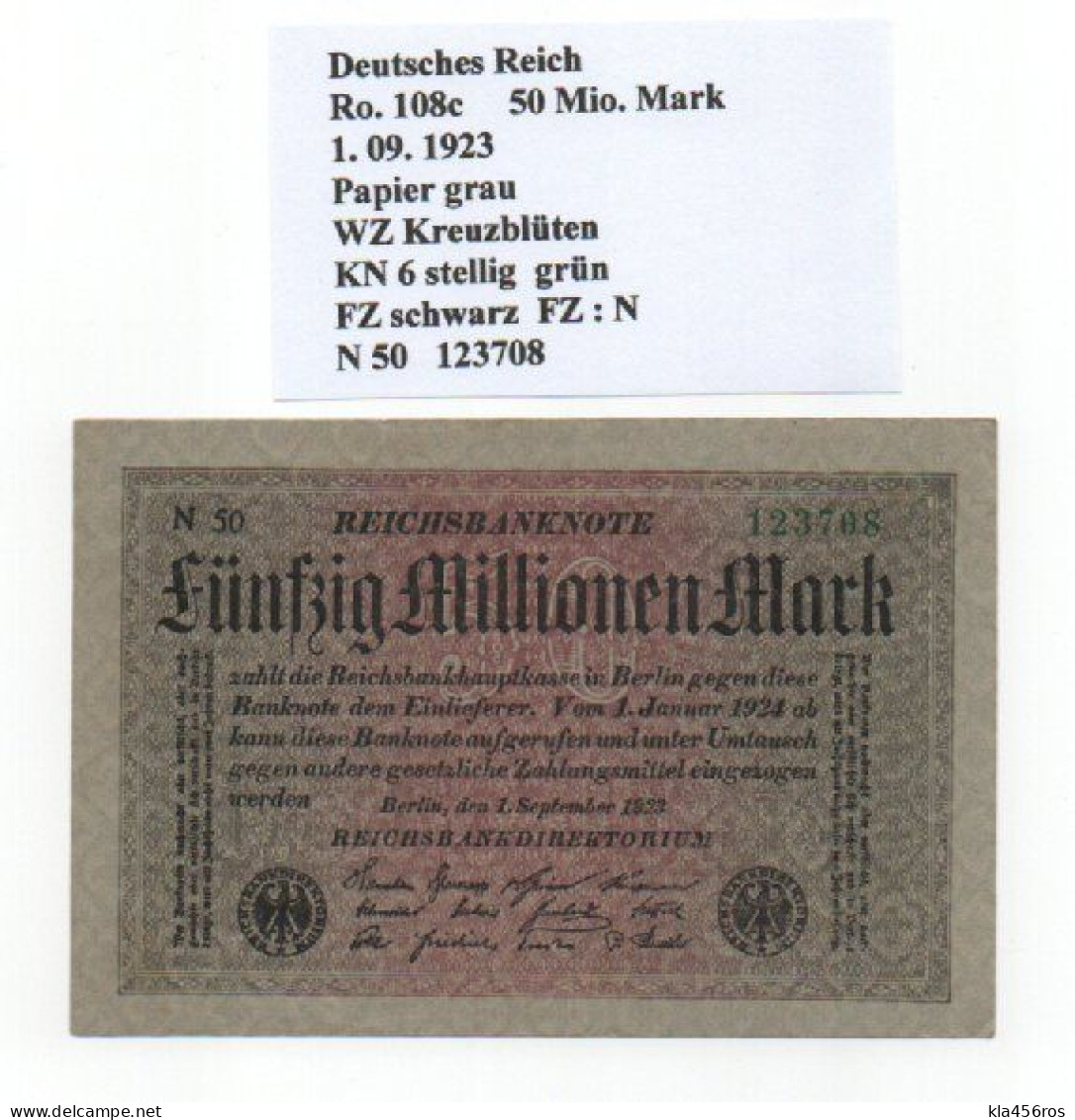 Deutschland  Ro.108c  50 Mio. Mark 1923 UNC - 50 Miljoen Mark