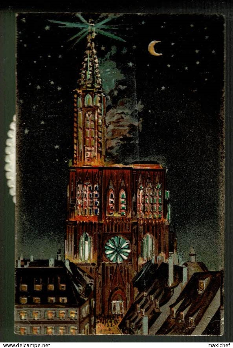 Carte Illustrée Strasbourg, Cathédrale De Nuit, Croissant De Lune, Roue Modifiant Le Fond Lumineux (bleu, Jaune, Rouge) - Contraluz