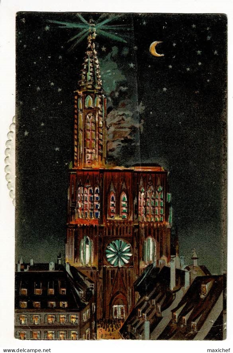 Carte Illustrée Strasbourg, Cathédrale De Nuit, Croissant De Lune, Roue Modifiant Le Fond Lumineux (bleu, Jaune, Rouge) - Contre La Lumière