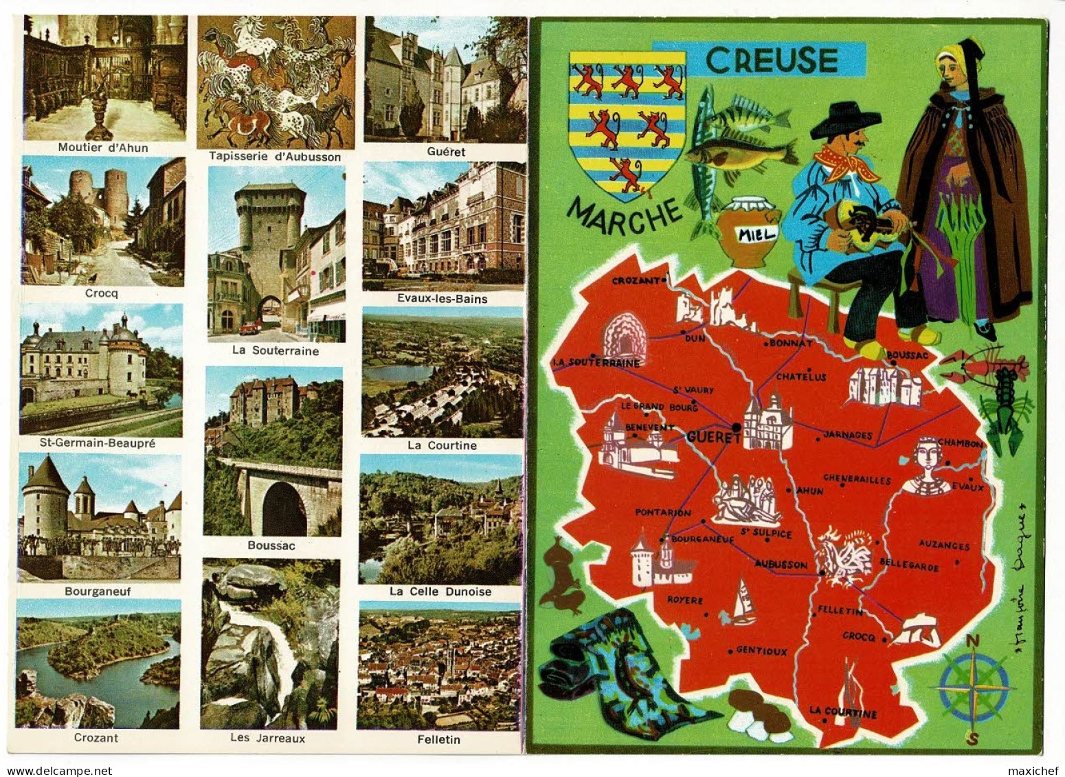 Carte Double, Contour Géographique Illustré Françoise Dague La Creuse & Multivues, 14 Vues & Texte Historique Au Centre - Maps
