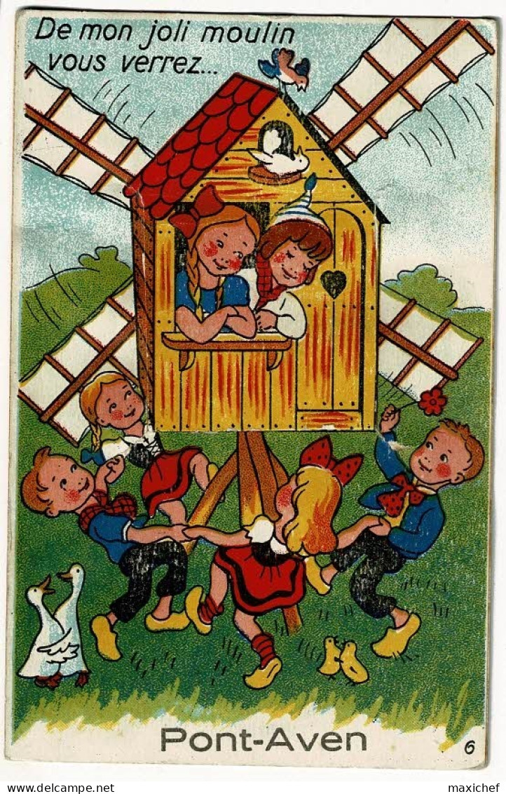 Carte Illustrée "De Mon Joli Moulin Vous Verrez.... Pont-Aven (ronde D'enfants Autour Du Moulin) Circ 1952, Complet - Cartoline Con Meccanismi