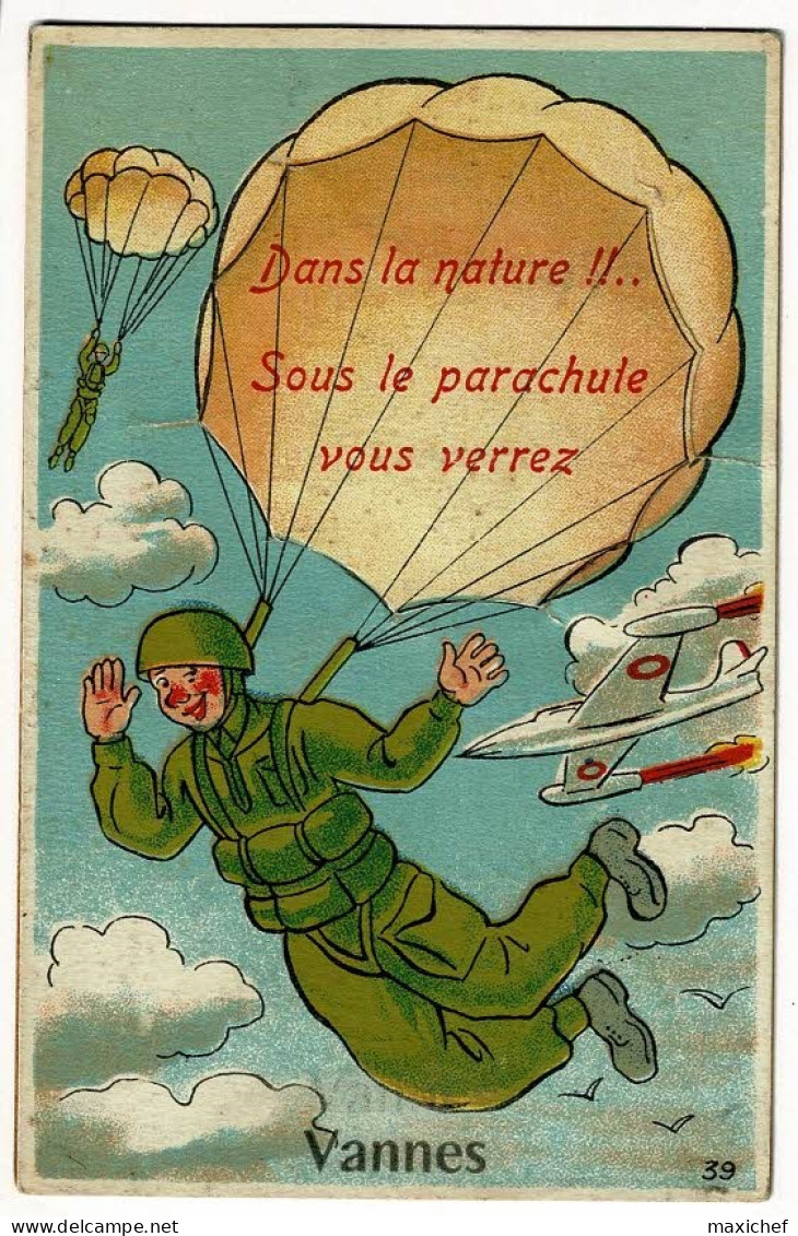 Carte Illustrée "Dans La Nature !! Sous Le Parachute Vous Verrez, Vannes (parachutistes, Avion à Réaction) Pas Circ, - A Systèmes