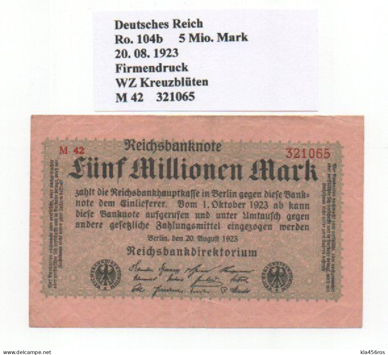 Deutschland  Ro.104b  5 Mio. Mark 1923 Gebraucht - 5 Millionen Mark