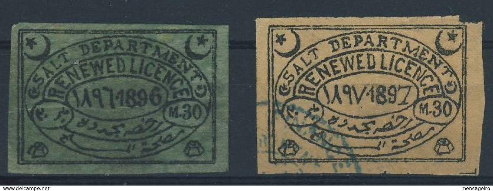 (C18) - SALT SELLER'S LICENSE STAMPS 1896 & 1897 - USED - FELTUS CATALOG N°s 213 & 214 (1) - 1866-1914 Khedivato De Egipto