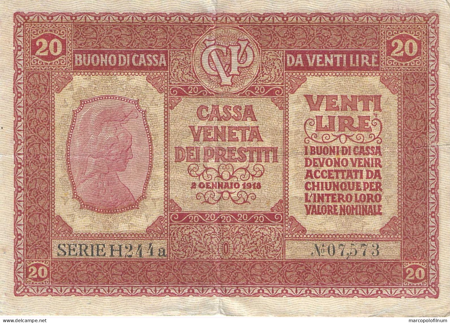 1918 - OCCUPAZIONE AUSTRIACA DEL VENETO - CASSA VENETA DEI PRESTITI - LIRE 20 - CIRCOLATA - - Oostenrijkse Bezetting Van Venetië