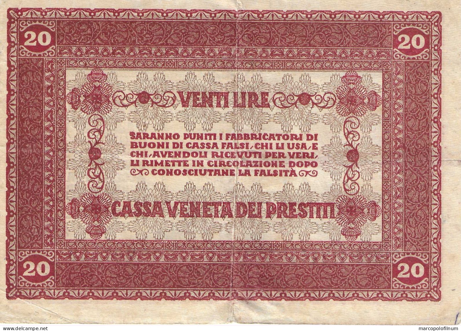 1918 - OCCUPAZIONE AUSTRIACA DEL VENETO - CASSA VENETA DEI PRESTITI - LIRE 20 - CIRCOLATA - - Occupation Autrichienne De Venezia