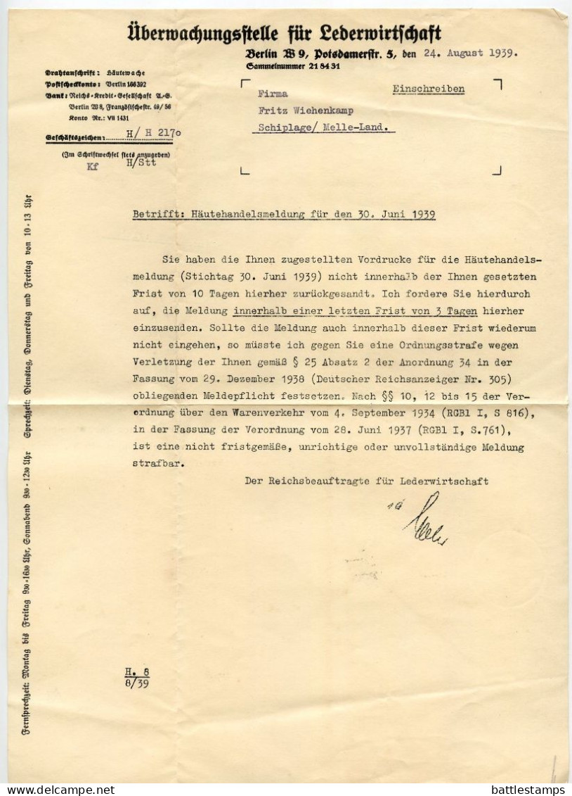 Germany 1939 Registered Cover & Letter; Berlin - Überwachungsstelle Für Lederwirtschaft; 42pf. Meter With Slogan - Franking Machines (EMA)