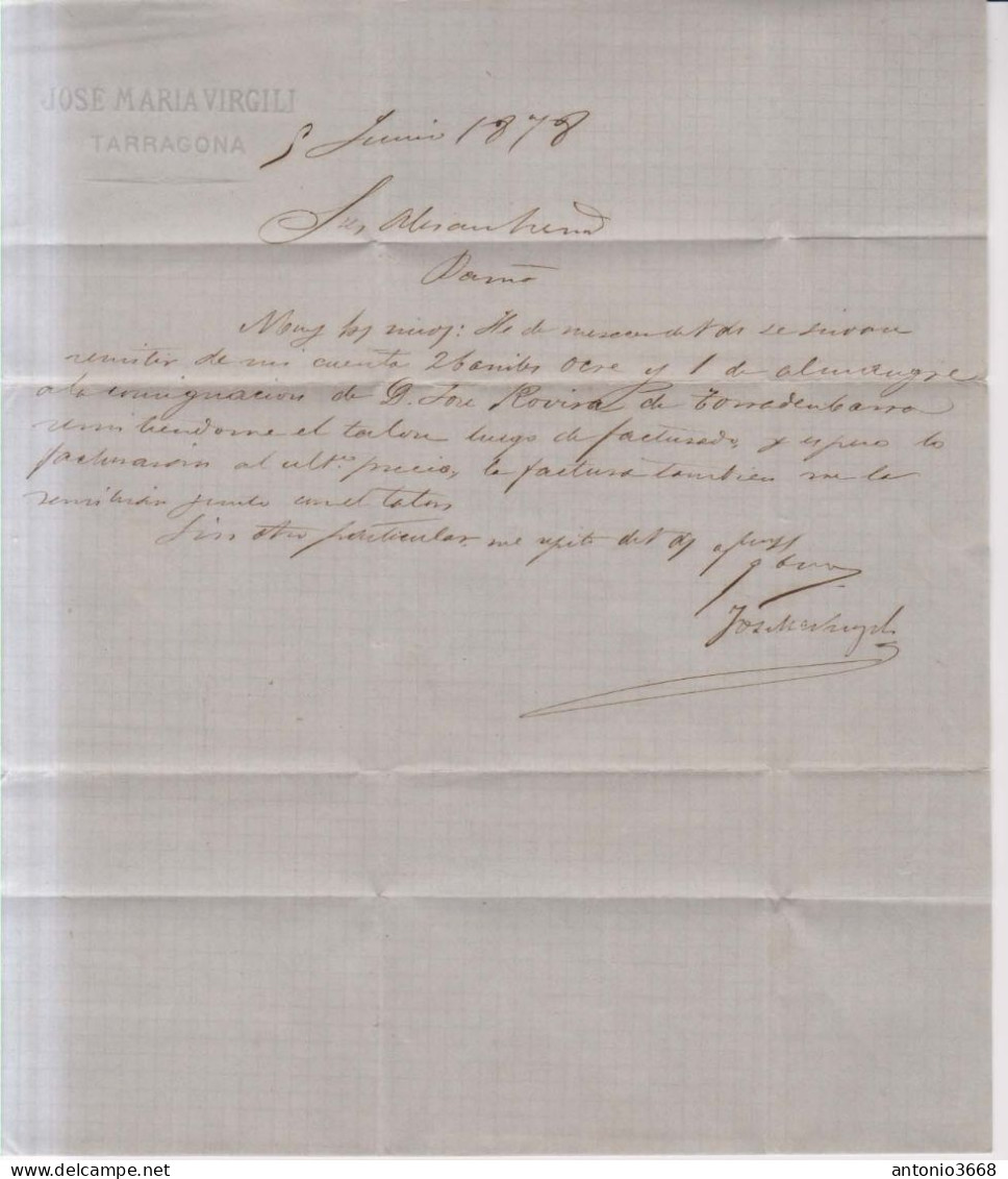 Año 1876 Edifil 175-188 Alfonso XII Carta   Matasellos Rombo Tarragona Membrete Jose Mº Virgili - Cartas & Documentos