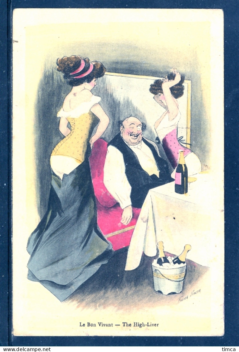 19120 X. Sager - Le Bon Vivant - The High-Liver - Vieil Homme Avec 2 Jeunes Filles Et 3 Bouteilles De Champagne - Sager, Xavier