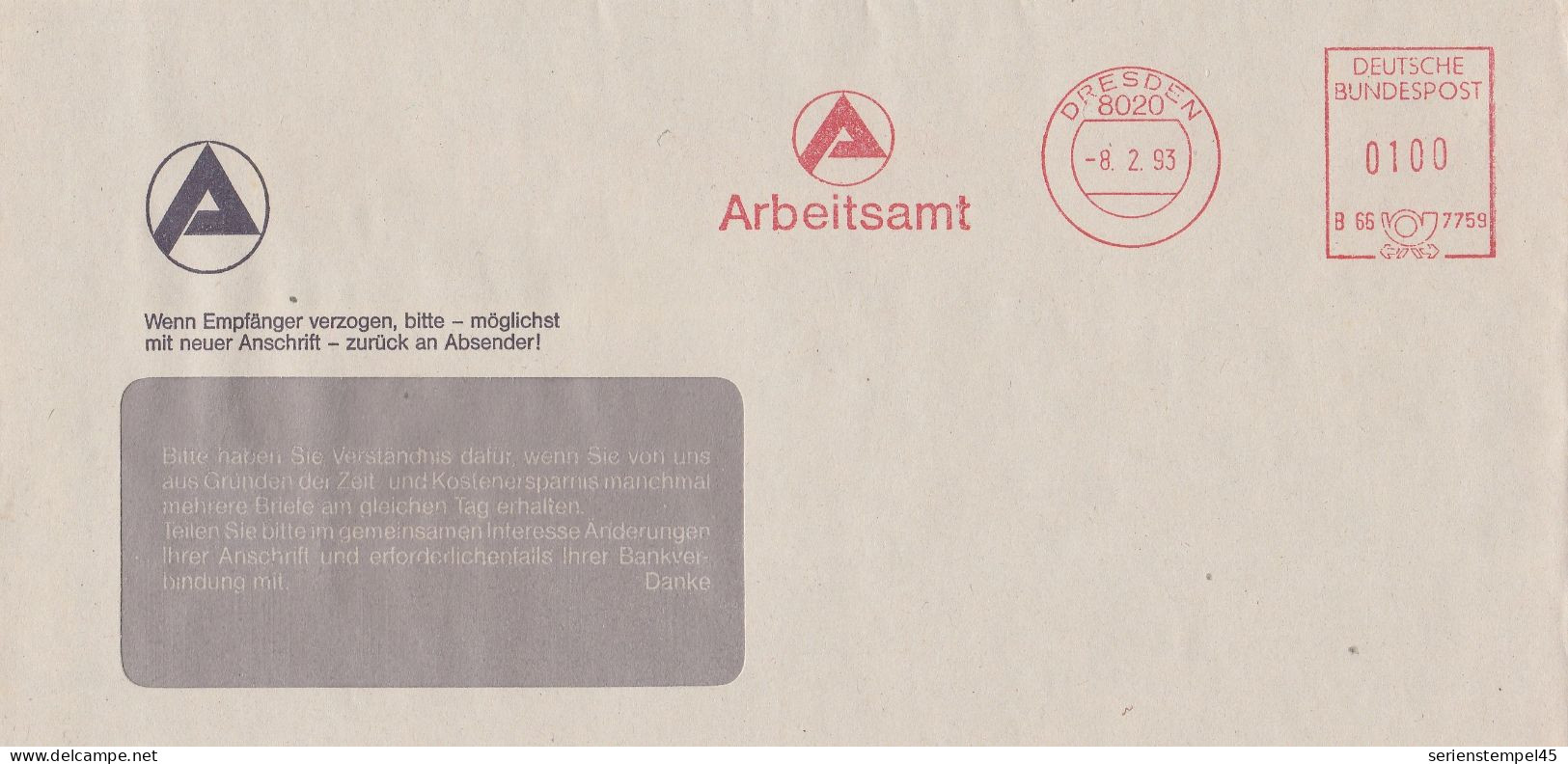 Deutsche Bundespost Brief Mit Freistempel VGO PLZ Oben Dresden 1993 Arbeitsamt B66 7759 - Franking Machines (EMA)