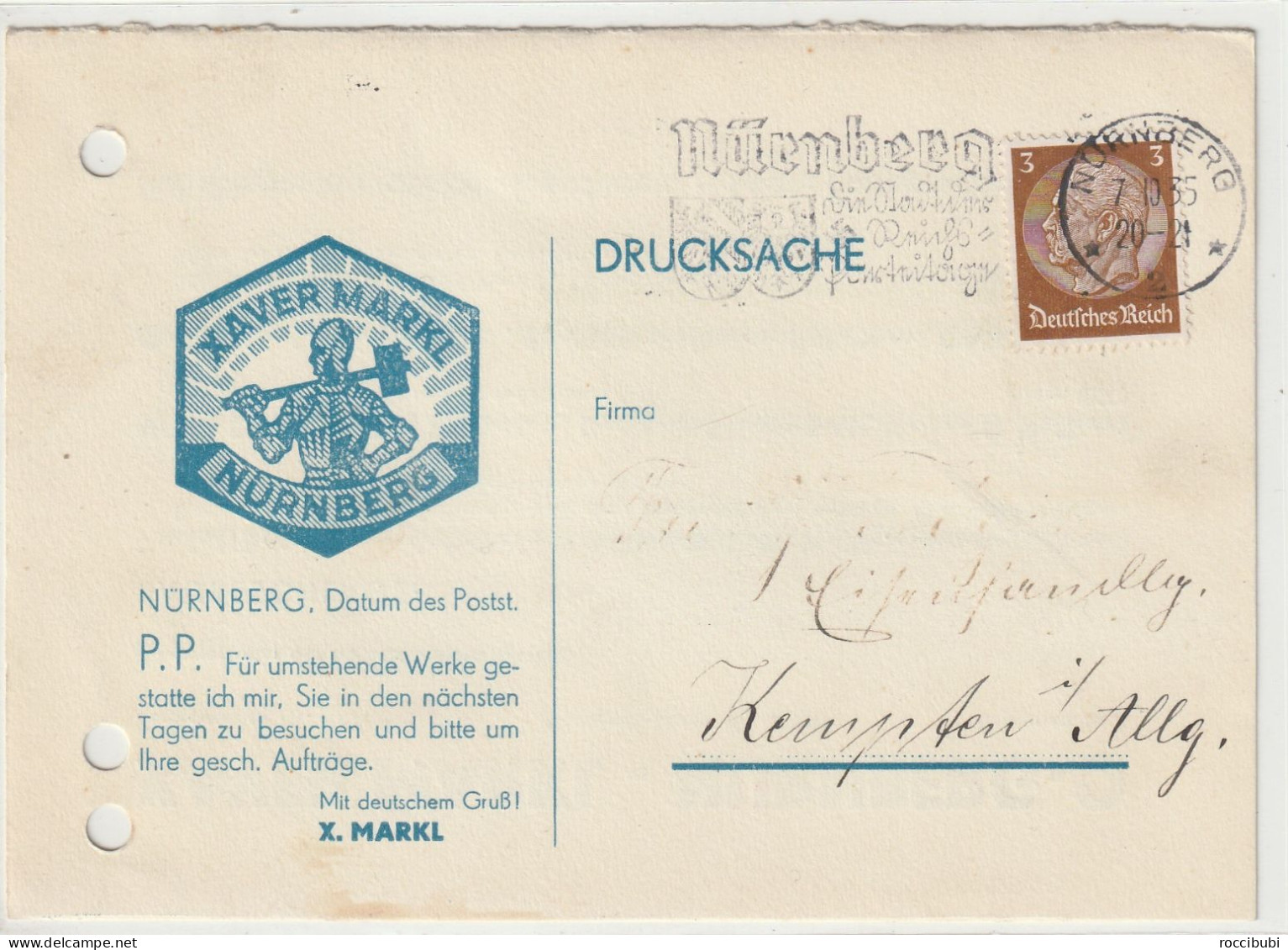 Deutsches Reich, Nürnberg Nach Kempten 1935 - Enteros Postales Privados