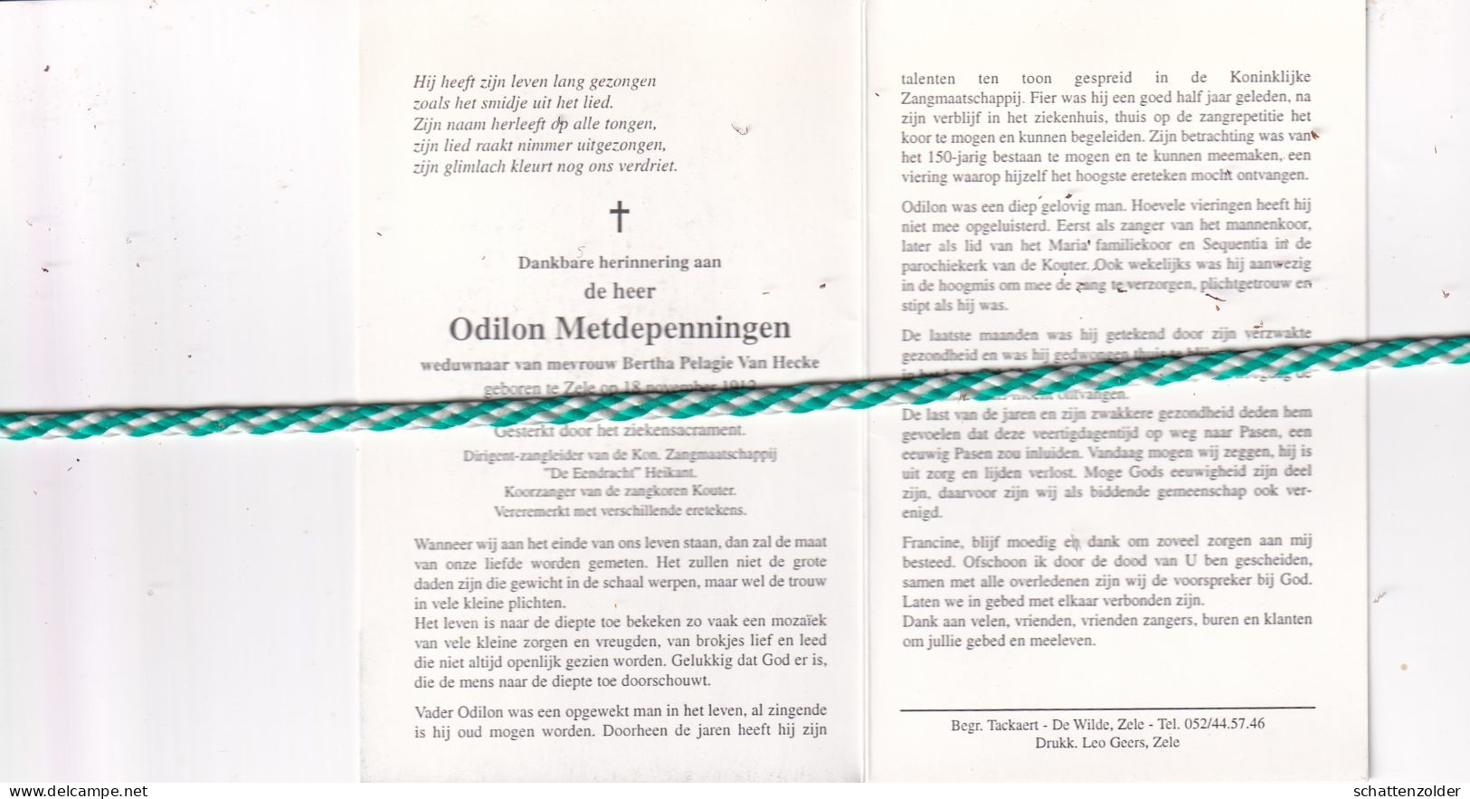 Odilon Metdepenningen-Van Hecke, Zele 1912, 1997. Foto - Obituary Notices