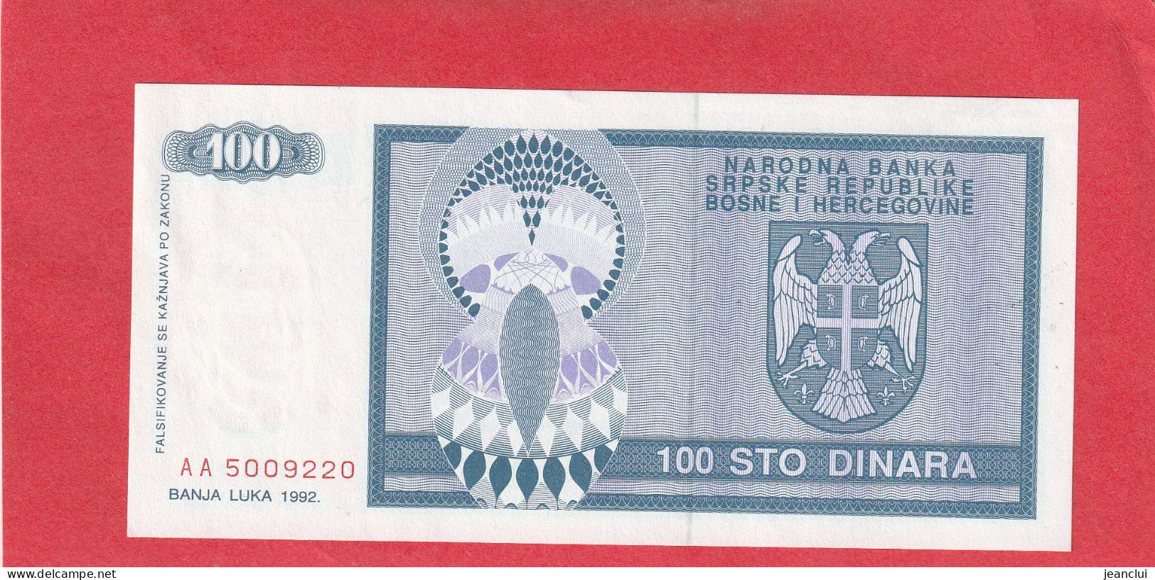 NATIONAL BANK OF SERBIAN REPUBLIC OF BOSNIA & HERZEGOVINA . 100 DINARA.  N° AA 5009220   2 SCANNES  .  ETAT LUXE - Bosnia Erzegovina