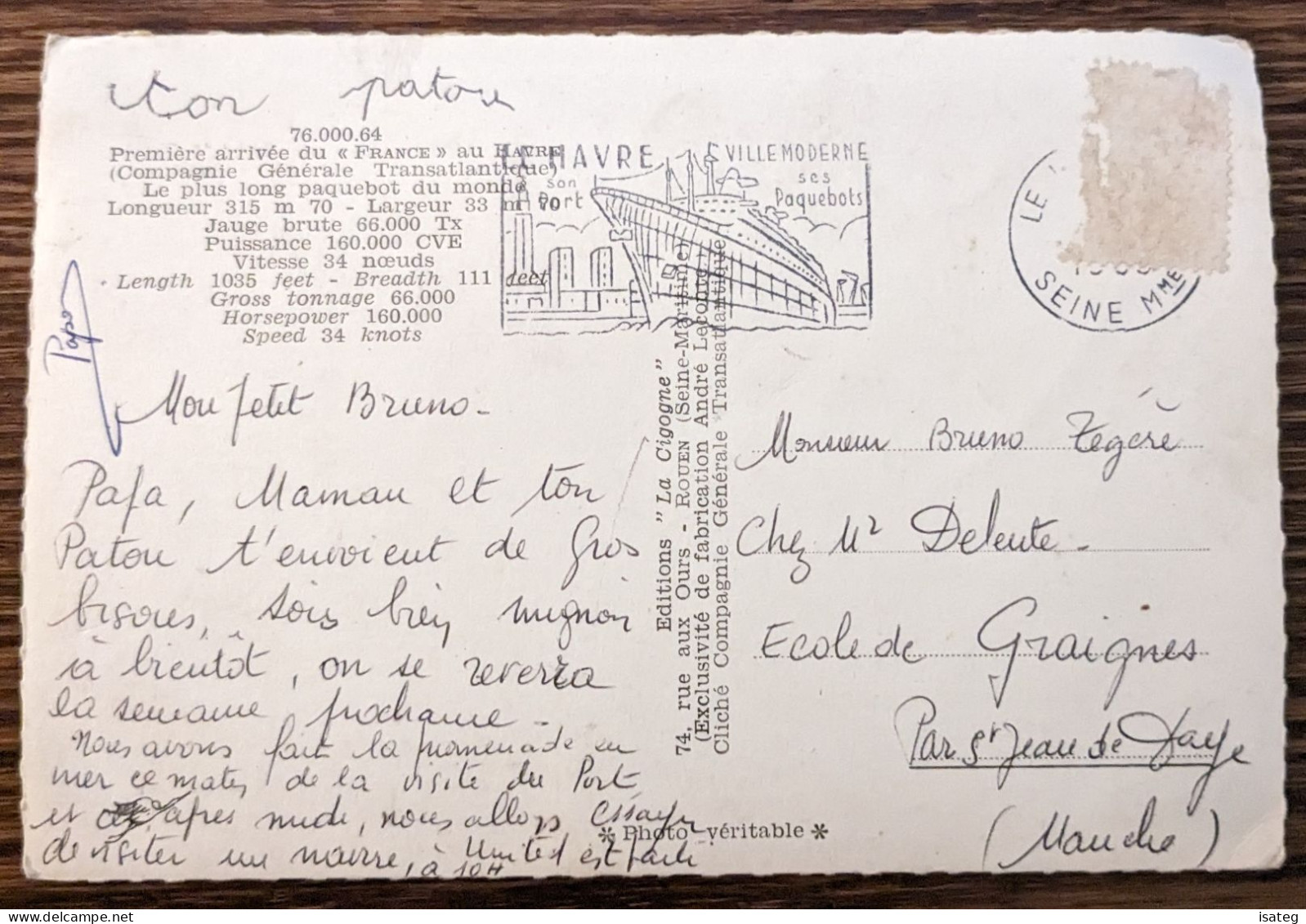 Carte Postale "Paquebot France" - La Cigogne - Non Classés