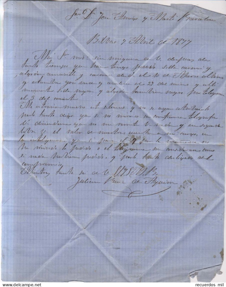 Año 1876 Edifil 175-183 Carta  Matasellos Rombo Taladro Bilbao Julian M. De Aguirre - Storia Postale