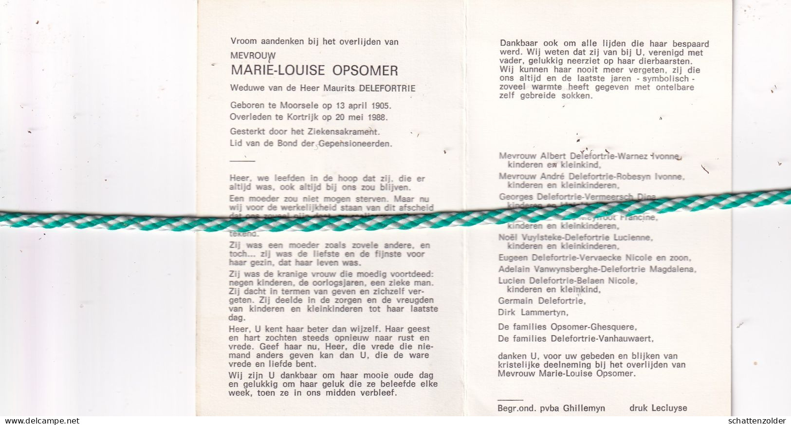 Marie-Louise Opsomer-Delefortrie, Moorsele 1905; Kortrijk 1988. - Décès