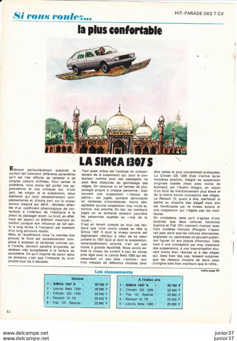 3 Feuillets De Magazine Simca 1307 S 1976. 1307-1308 1975, 1308 GT 1976 - Voitures