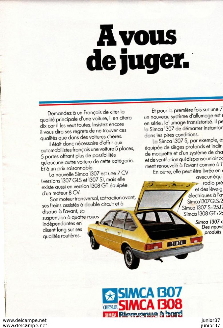 3 Feuillets De Magazine Simca 1307 S 1976. 1307-1308 1975, 1308 GT 1976 - KFZ