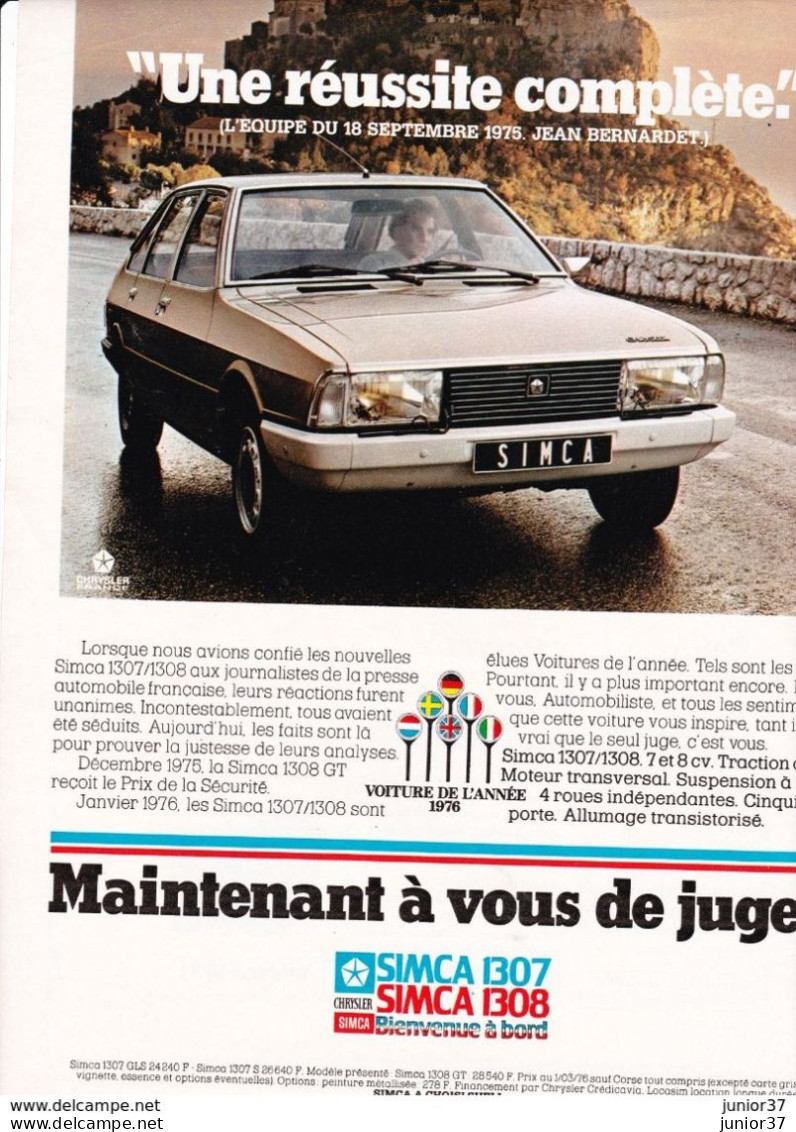 3 Feuillets De Magazine Simca 1307 S 1976. 1307-1308 1975, 1308 GT 1976 - Cars